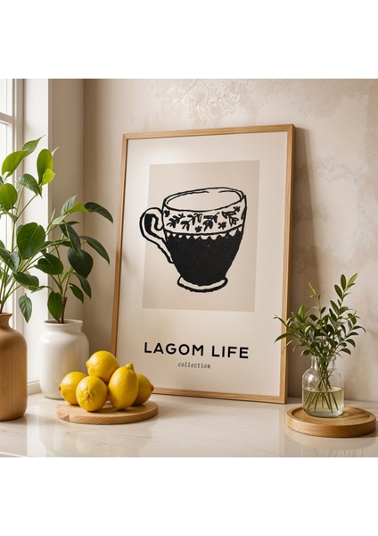 Lagom Life Vintage Kupa Çizimi Doğal Ahşap Çerçeveli Mutfak Duvar Tablosu fiyatları