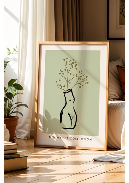 Kadın Figürlü Botanik Minimalist Koleksiyon Ahşap Çerçeveli Dekoratif Duvar Tablosu
