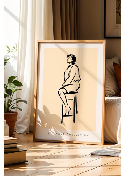 Soyut Kadın Figür Çizimi Bej Doğal Ahşap Çerçeveli Duvar Tablosu