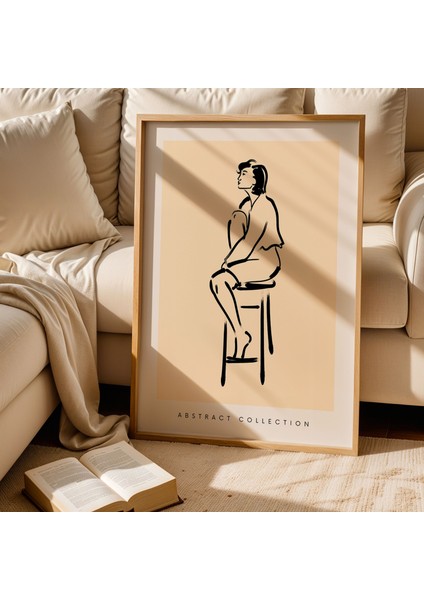Soyut Kadın Figür Çizimi Bej Doğal Ahşap Çerçeveli Duvar Tablosu fiyatları