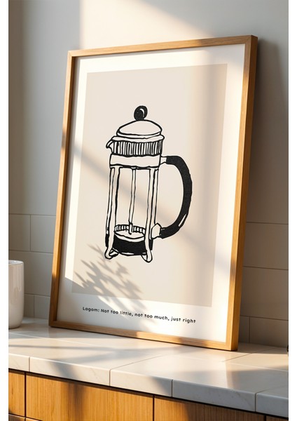 Lagom French Press Çizimi Doğal Ahşap Çerçeveli Mutfak Duvar Tablosu
