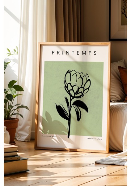 Printemps Yeşil Renkli Botanik Minimalist Doğal Ahşap Çerçeveli Duvar Tablosu