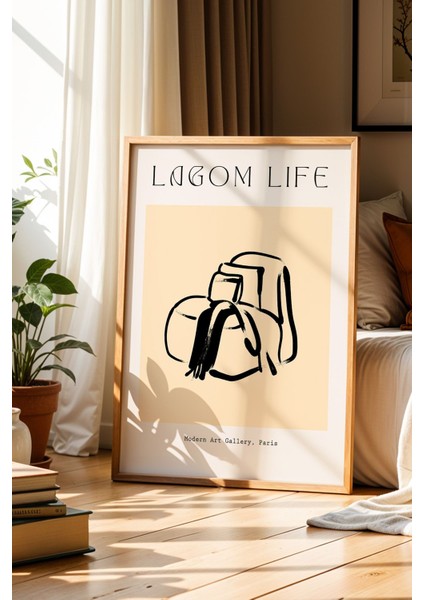 Retro Koltuk Minimalist Bej Bohem Doğal Ahşap Çerçeveli Duvar Tablosu