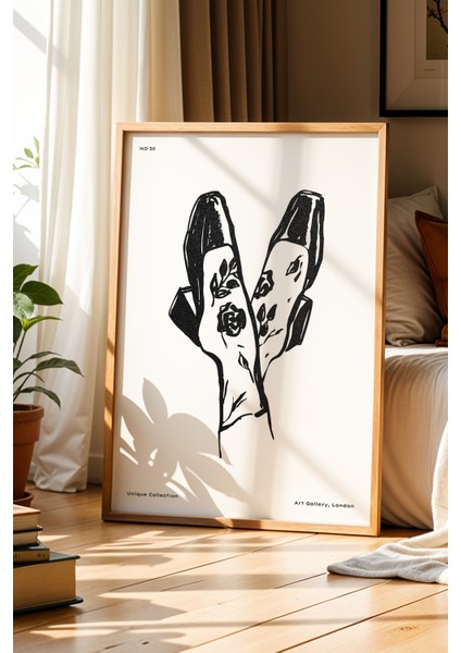 Minimalist Retro Çiçek Desenli Marry Jane Doğal Ahşap Çerçeveli Duvar Tablosu