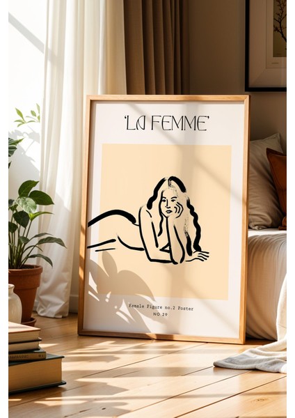 La Femme Kadın Figür Çizimi Bohem Bej Doğal Ahşap Çerçeveli Duvar Tablosu