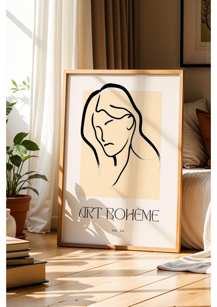 Art Bohem Kadın Figür Çizimi Bej Minimalist Doğal Ahşap Çerçeveli Duvar Tablosu