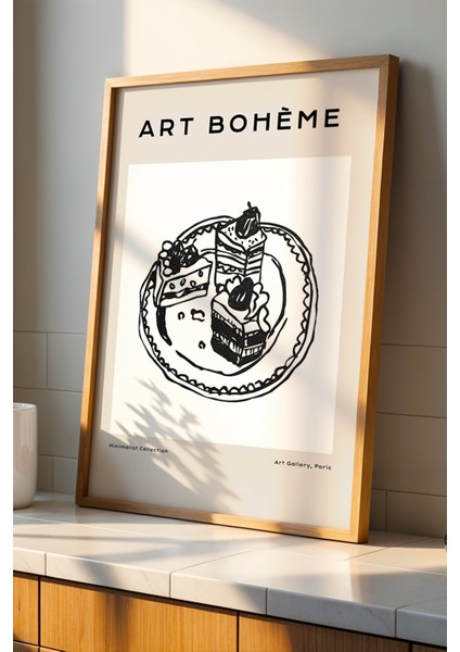 Art Bohem Sanatsal Tatlı Çizimi Doğal Ahşap Çerçeveli Mutfak Duvar Tablosu