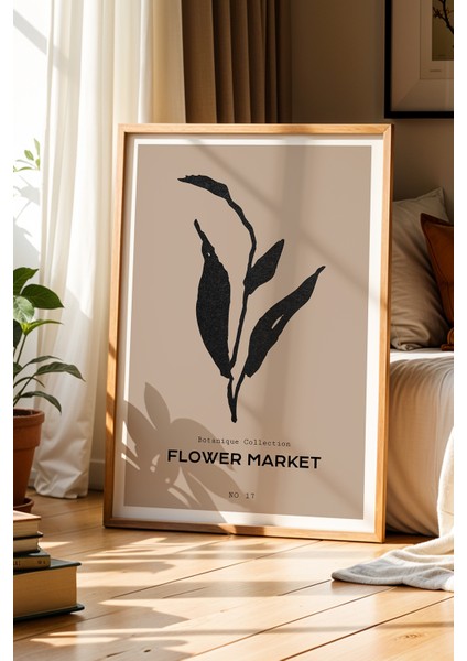 Flower Market Minimalist Yaprak Çizimi Doğal Ahşap Çerçeveli Duvar Tablosu