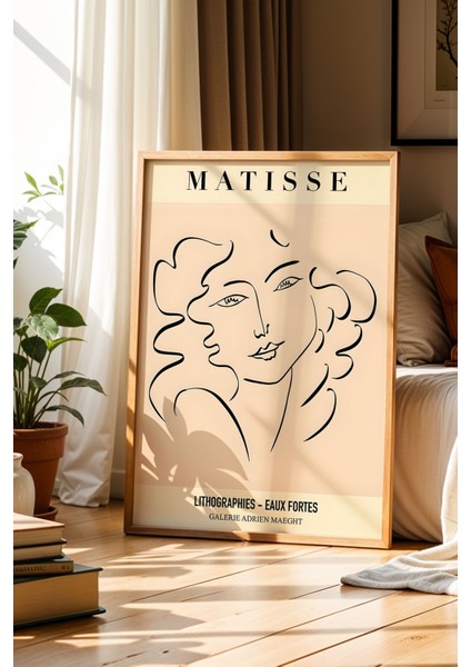 Matisse Kadın Portre Çizim Bohem Minimalist Ahşap Çerçeveli Duvar Tablosu