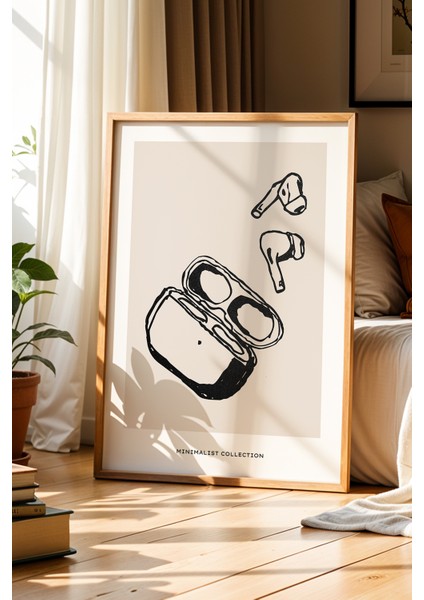 Minimalist Kulaklık Çizimi Doğal Ahşap Çerçeveli Duvar Tablosu