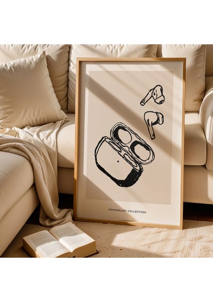 Minimalist Kulaklık Çizimi Doğal Ahşap Çerçeveli Duvar Tablosu fiyatları