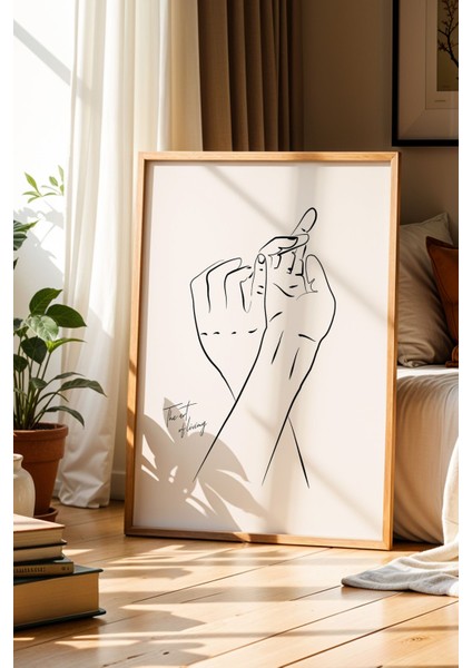 Romantik Çift Minimalist Çizim Siyah Beyaz Doğal Ahşap Çerçeveli Duvar Tablosu