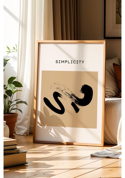 Simplicity Bohem Çizim Minimalist Bej Doğal Ahşap Çerçeveli Duvar Tablosu