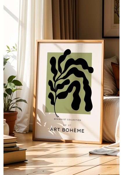 Bohem Tarzı Botanik Yeşil Renkli Soyut Doğal Ahşap Çerçeveli Duvar Tablosu