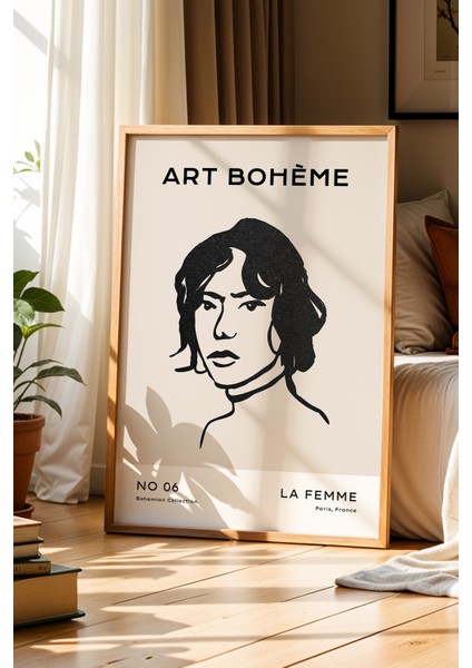 Art Bohem Kadın Portre Çizimi Doğal Ahşap Çerçeveli Duvar Tablosu