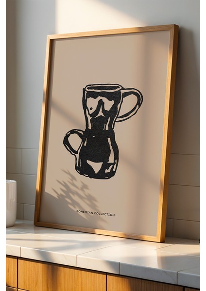 Bohem Vücut Formlu Sürahi Doğal Ahşap Çerçeveli Mutfak Duvar Tablosu