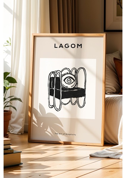 Sade ve Soyut Göz Motifi Doğal Ahşap Çerçeveli Duvar Tablosu – Lagom Life