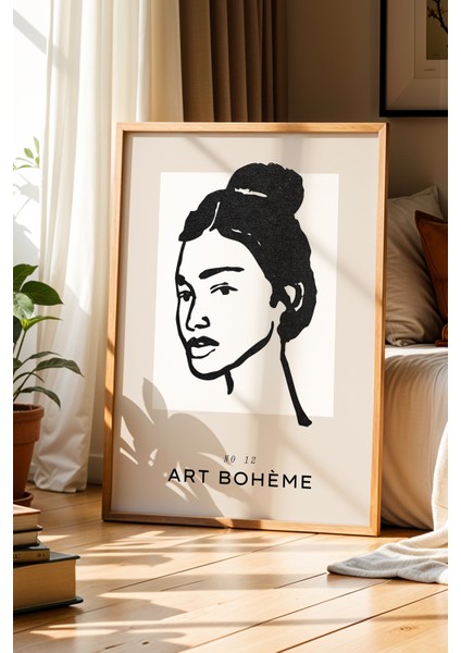 Art Bohem Kadın Portre Çizimi Doğal Ahşap Çerçeveli Duvar Tablosu