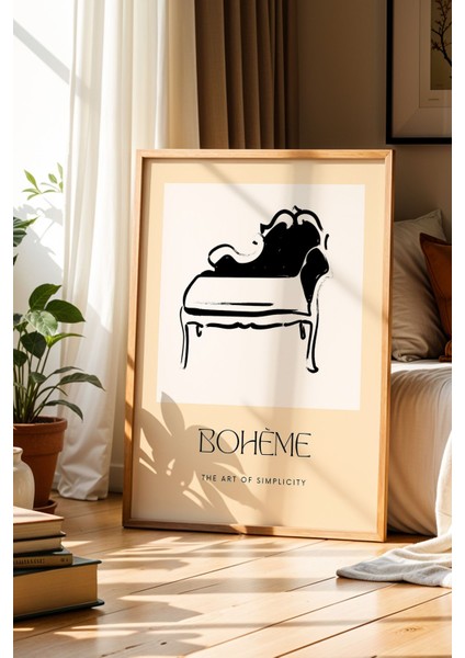 Retro Koltuk Minimalist Bej Bohem Doğal Ahşap Çerçeveli Duvar Tablosu