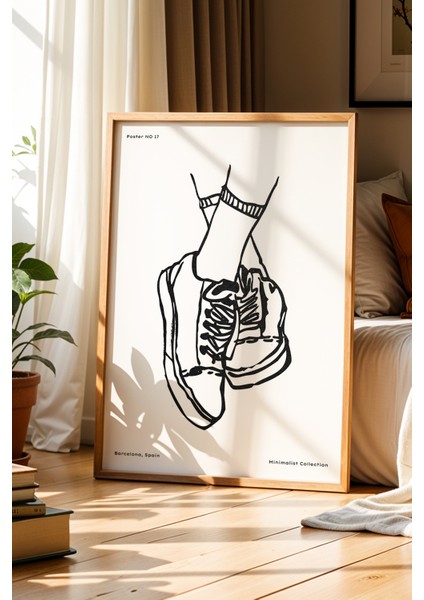Minimalist Sneaker Çizimi Doğal Ahşap Çerçeveli Duvar Tablosu