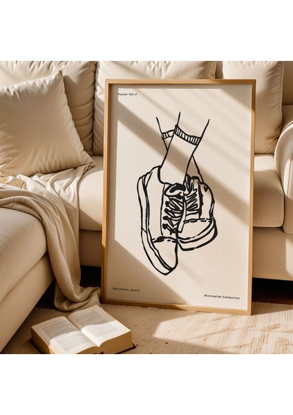 Minimalist Sneaker Çizimi Doğal Ahşap Çerçeveli Duvar Tablosu fiyatları