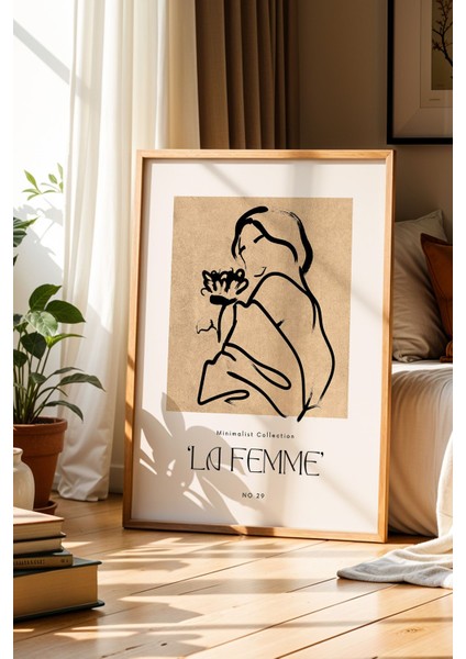 La Femme Kadın Figür Çizimi Bohem Kahverengi Doğal Ahşap Çerçeveli Duvar Tablosu