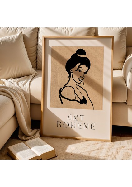 Art Bohem Kadın Portre Çizimi Kahverengi Minimalist Doğal Ahşap Çerçeveli Duvar Tablosu fiyatları