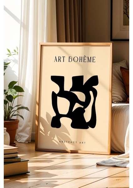 Art Bohem Soyut Çizim Bej Doğal Ahşap Çerçeveli Duvar Tablosu