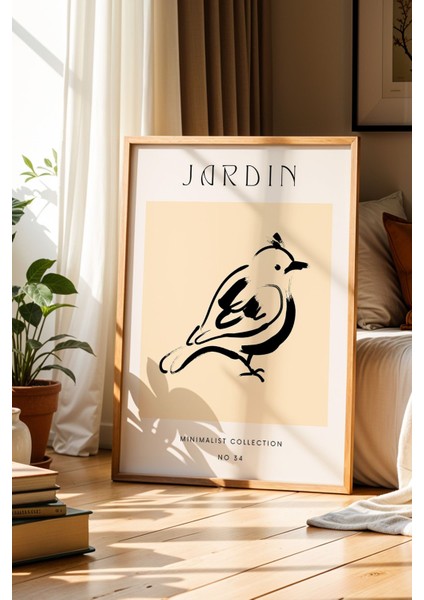 Jardin Serisi Kuş Çizimi Bohem Doğal Ahşap Çerçeveli Duvar Tablosu
