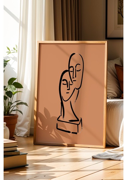 Soyut Yüz Figürleri Çizimi Terra Cotta Doğal Ahşap Çerçeveli Duvar Tablosu