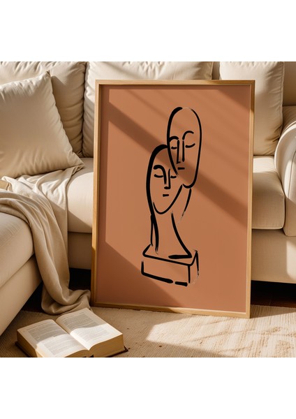 Soyut Yüz Figürleri Çizimi Terra Cotta Doğal Ahşap Çerçeveli Duvar Tablosu fiyatları