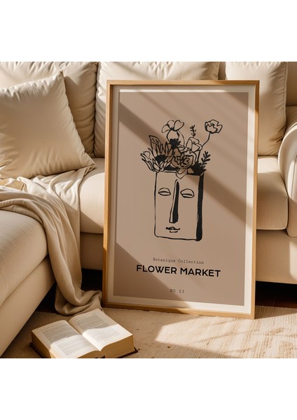 Flower Market Yüz ve Çiçek Illüstrasyonu Doğal Ahşap Çerçeveli Duvar Tablosu fiyatları