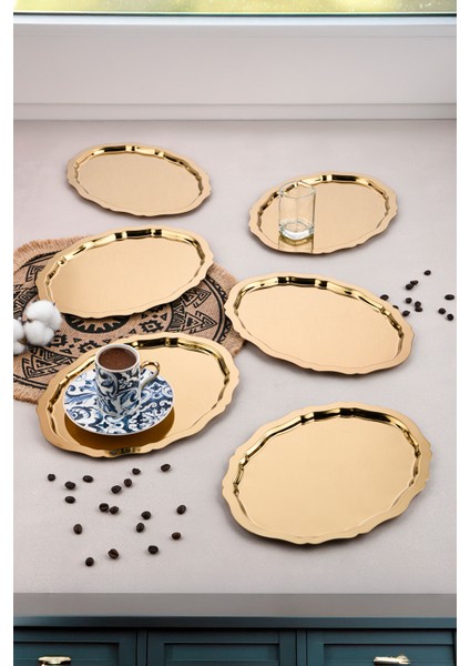6 Adet Paslanmaz Çelik Oval Dalgalı Sade Kahve ve Sunum Tepsisi 20 cm x 25 cm