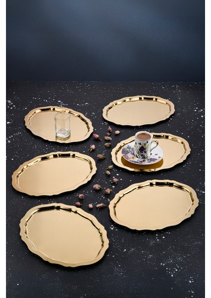 6 Adet Paslanmaz Çelik Oval Dalgalı Sade Kahve ve Sunum Tepsisi 20 cm x 25 cm