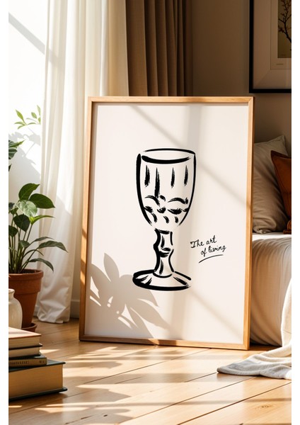 Vintage Kadeh Çizimi Minimalist Kahverengi Bohem Doğal Ahşap Çerçeveli Duvar Tablosu