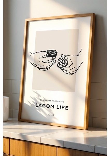 Lagom Life El Illüstrasyonu Doğal Ahşap Çerçeveli Mutfak Duvar Tablosu