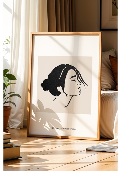 Minimalist Kadın Profil Çizimi Doğal Ahşap Çerçeveli Duvar Tablosu