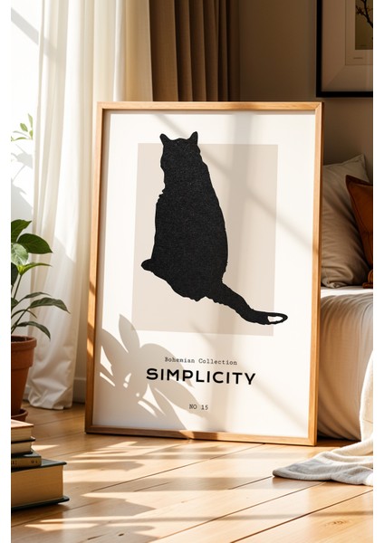 Simplicity Kedi Silüet Çizimi Doğal Ahşap Çerçeveli Duvar Tablosu