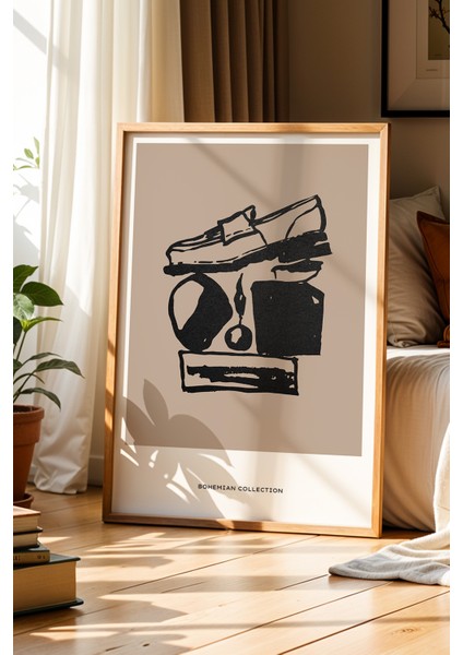 Bohem Denge ve Obje Çizimi Doğal Ahşap Çerçeveli Duvar Tablosu