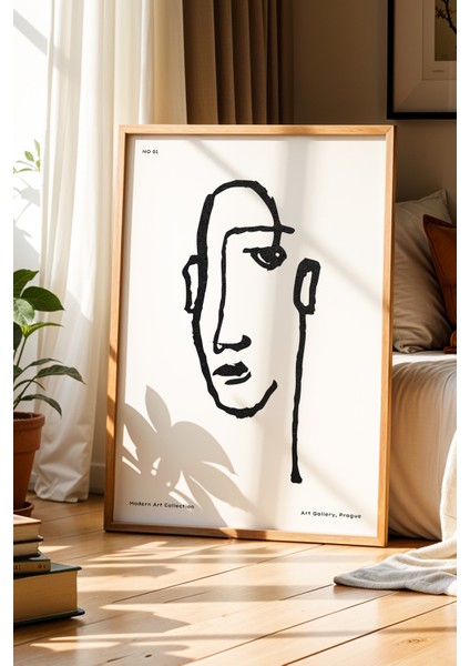 Modern Sanat Minimalist Yüz Çizimi Doğal Ahşap Çerçeveli Duvar Tablosu