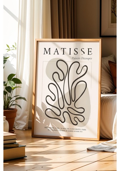 Matisse Siyah Beyaz Yaprak Deseni Bohem Minimalist Ahşap Çerçeveli Duvar Tablosu