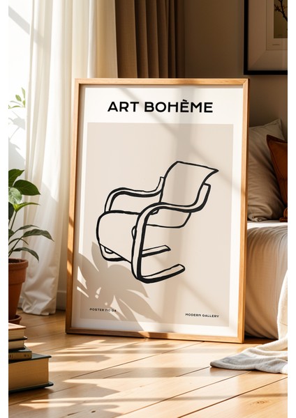 Art Bohem Modern Sandalye Çizimi Doğal Ahşap Çerçeveli Duvar Tablosu