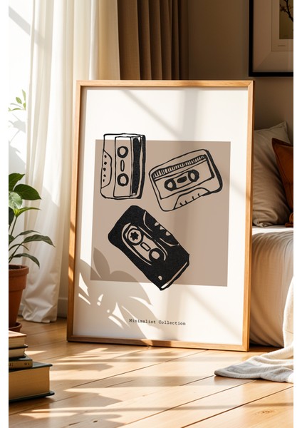 Retro Kaset Koleksiyonu Doğal Ahşap Çerçeveli Duvar Tablosu