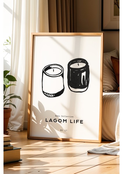 Minimalist Mum Çizimi Doğal Ahşap Çerçeveli Duvar Tablosu