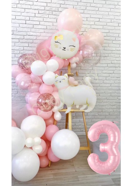 Kız Çocuk Kedi Konseptli 3 Yaş Doğum Günü Parti Seti