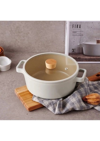 Fika Cam Ahşap Kapaklı Alüminyum Döküm Tencere 24CM Bej Mutfak Yapışmaz Kore Avantajlı 1 Adet