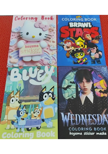 4 Adet Stickerli Boyama Kitabı (*hello Kitty*/brawlstars/bluey'/wednesday Figürlü)