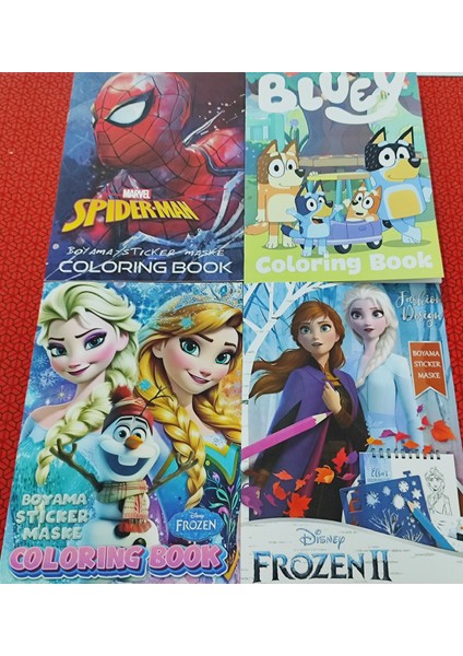 4 Adet Stickerli Boyama Kitabı (Frozenıı/elsa/bluey'/örümcek Ad. Figürlü)