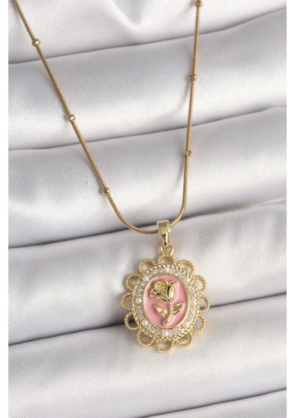 316L Çelik Gold Renk Topçuk Zincir Zirkon Taş Detaylı Pembe Gül Işlemeli Portre Model Kadın Kolye