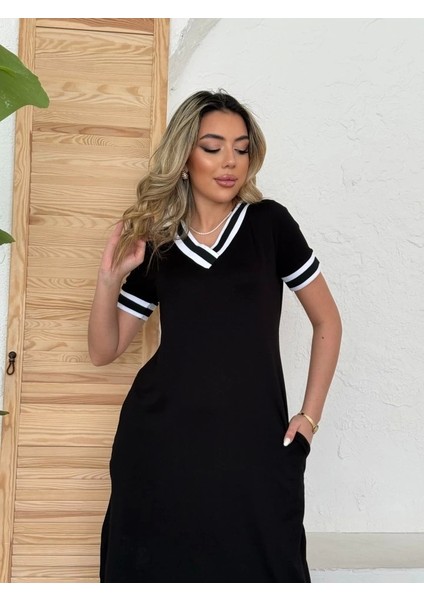 Kadın Kısa Kollu V Yaka Kol ve Yaka Ribana Detay Midi Boy Viskon Elbise fırsatları